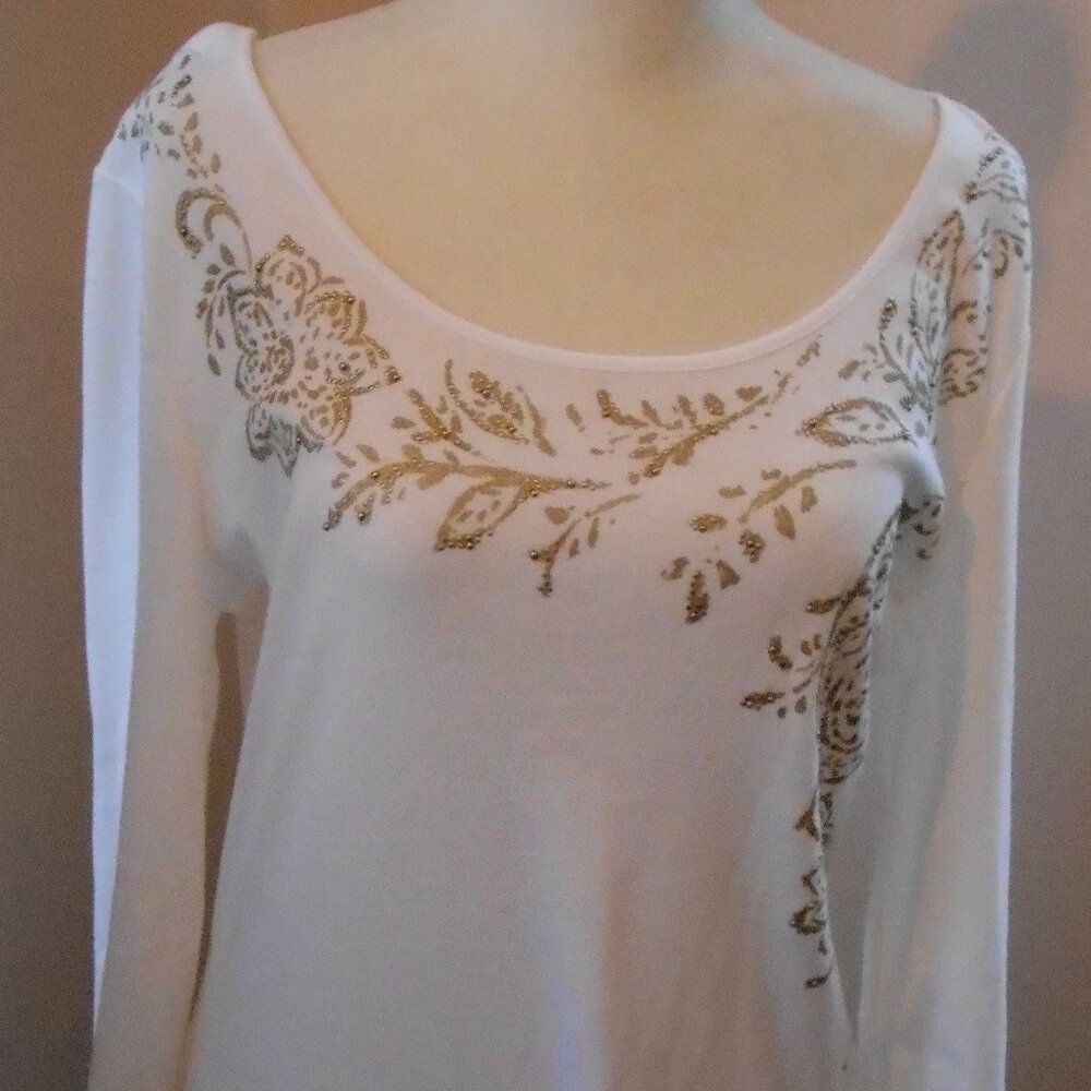 Chap's Women's White Long Sleeve Scoop Neck Top w/Tan Floral Beaded Design Sz-Lg
